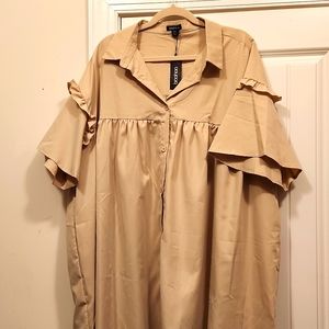 Boohoo Puff Smock Button Down Dress (oversized), size 16, Tan